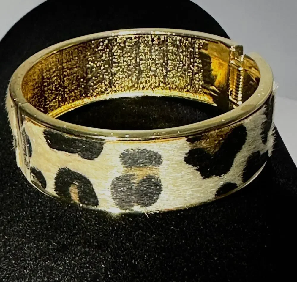Plunder Gold Tone Leopard Print Hinged Bangle Cuff Bracelet